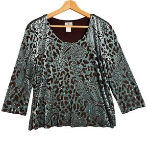 Vintage Y2K CDW Creative Design Velvet Paisley Leopard‎ Top Green Brown Large